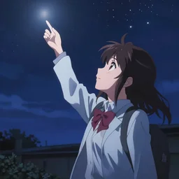 suzumiya haruhi looking into the night sky and raising hand towards the light in the sky, anime,