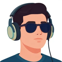 a closeup of a man with headphones and sunglasses in retro colors, synthwave style, 2 d digital vector art