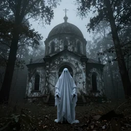 dramatic ghost near abandoned islamic church in the woods, dark, gloomy, foggy, scary, by Natalia Drepina
