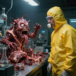 a man in a yellow hazmat suit looks on helplessly as an meat monster grows out of control in a creepy basement lab, science equipment