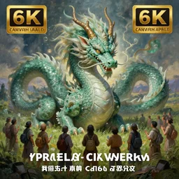 hyperrealist painting of a beautiful dragon in a meadow and people worshiping the jade dragon. by ciruelo cabral, fantasy art, photo realistic, dynamic lighting, artstation, poster, volumetric lighting, very detailed faces, 4 k, award winning