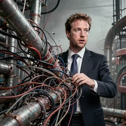 disturbing artwork of mark zuckberg being consumed into collection of pipes and wires, body horror, dark, 4K, weird, bizarre, scary