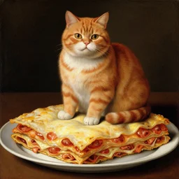 fat orange cat sitting on lasagna, renaissance painting