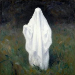 white sheet ghost standing in an empty field, by georges seurat