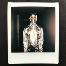 polaroid, standing man fully wrapped in aluminum foil, illuminated eyes, dimly lit hallway