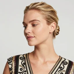 photograph of an olive skinned blonde female model in her twenties, her hair pinned up, wearing a designer top, looking content, focused on her neck, photo realistic, extreme detail skin, natural beauty, no filter, slr, golden hour, 4 k, high definition, selfie