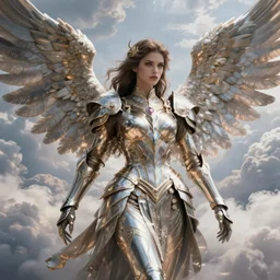 A beautiful and fierce angel wearing fancy metallic battle armor and wings among heavenly clouds, intricate, elegant, highly detailed, digital painting, artstation, concept art, smooth, sharp focus, illustration, art by artgerm and greg rutkowski and alphonse mucha