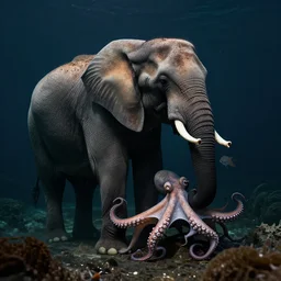 an elephant mixed with an octopus in its natural habitat in deep dark waters, award winning photo