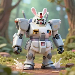 a 3 5 mm photo from the front of a giant mecha armored war delorean robot chubby cute rabbit as gundam delorean walking in the woods, splash art, movie still, bokeh, canon 5 0 mm, cinematic lighting, dramatic, film, photography, depth of field, award - winning, backlighting, overcast, 8 k, hyper detailed, 3 5 mm film grain