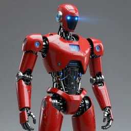 a red humanoid robot, sci-fi concept art, photorealistic, leds, lens flare