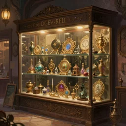 “A fantasy store that has rare magic items  in glass case, Mexican market inspired, D&D, fantasy, intricate, cinematic lighting, highly detailed, digital painting, artstation, concept art, smooth, sharp focus, illustration, art by Artgerm and Greg Rutkowski and Alphonse Mucha”