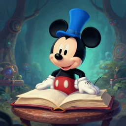mickey mouse with a blue hat on top of a table, a storybook illustration by walt disney, behance, magic realism, fantasy, mystical, reimagined by industrial light and magic