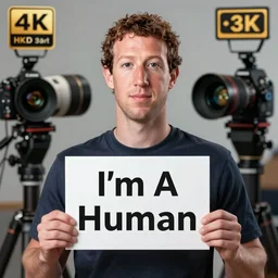 Mark Zuckerberg holding a sign saying I'm A Human, highly detailed, high quality, HD, 4k, 8k, Canon 300mm, professional photographer, 40mp, lifelike, top-rated, award winning, realistic, sharp, no blur, edited, corrected, trending