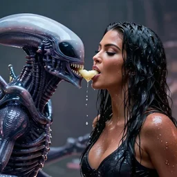 movie still of kim kardashian being mouth fed by an xenomorph slathered in a transparent alien liquid, wet flowing hair, gooey skin, illustration, unreal engine 5, 8 k, directed by h. r. giger.