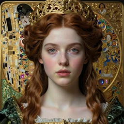beautiful young medieval queen face centered portrait by james jean, jean delville, iris van herpen, gustav klimt, raymond swanland and alphonse mucha, hyperdetailed realistic smooth polished porcelain, art nouveau, ornate gothic icon with heavy patina, ultrasharp hyperdetailed photorealistic octane render