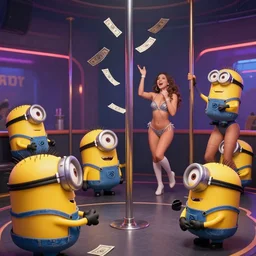a nightclub full of pimp minions throwing money at pole dancers