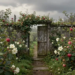 old apple garden, flowers, secret, closed, stone narrow pathway, concept art, unreal engine 5, cloudy early morning lighting, matte painting, misty background, artstation, masterpiece, caspar friedrich, wlop, kinkade