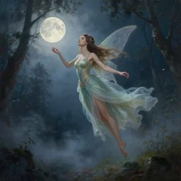 attractive fairy goddness fly high in the night, d & d, fantasy, mist, full moon in background, trees, hyper detailed,, midium shot, an oil painting by ruan jia, trending on artstation, concept art, sharp focus, illustration,
