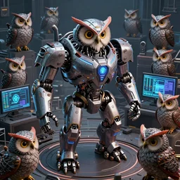 an army of evil, malevolent, robot mechincal owls surrounded by computers and computer screens. this 4 k hd image is trending on artstation, featured on behance, well - rendered, extra crisp, features intricate detail and the style of unreal engine. volumetric lighting octane render