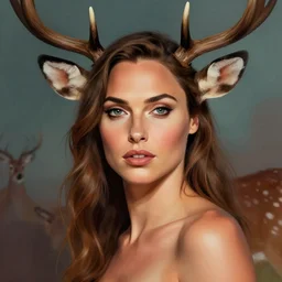head and shoulders masterpiece portrait of gal gadot as a deer, surreal background, digital art by krenz cushart, trending on artstation, cgsociety