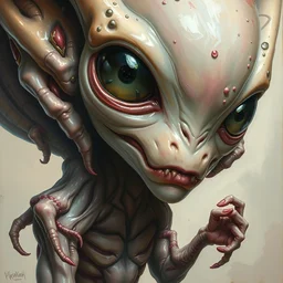 an hyper intricate oil painting of an anthropomorphic cute alien!!!!!, hyper detailed body, surreal excellent composition by yoshitaka amano, by greg rutkowski, by alphonse mucha, by rhads, by ross tran, trending on artstation