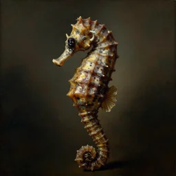 a dark front - on rococo portrait of a seahorse with big eyes, 1 8 th century painting by jean - honore fragonard. gloomy atmosphere, blurry organic background