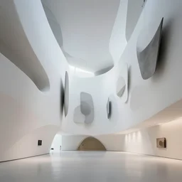 interior futuristic art gallery wide angle highly detailed by santiago calatrava, many wall hanging paintings of art by da vinci, captivating 8 k hdr, octane render godrays hyperrealism