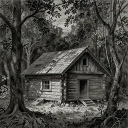 an engraving of a log cabin surrounded by a sinister forest by gustave dore