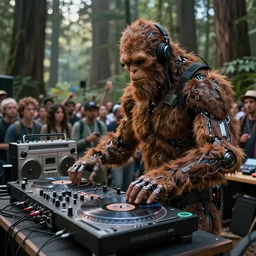 a photograph portrait of an anthropomorphic cyberpunk bigfoot dj at the turntables spinning records, over the shoulder shot with a large crowd among the redwoods, detailed render, tape deck, boombox, headphones, epic composition, cybernetics, 4 k realistic, cryengine, realistic shaded lighting, sharp focus, masterpiece, by matteo scalera, gary montalbano, peter elson in the