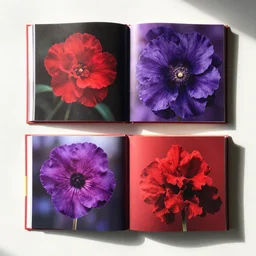 flatlay book collection, vivid colors, dramatic lighting, red and purple flowers