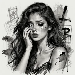 sketch, ultra detailed, fashion, broken heart, beautiful woman, she cry, surreal, in style of jean - michel basquiat, trending on artstation