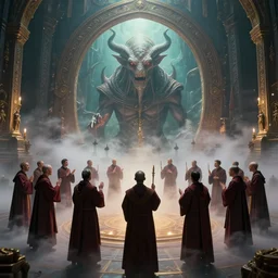 center view of a group of priest in circle invoking an hyper realistic lovecraft creature portrait in a huge ritual portal, 4 k, fantasy art, glamorous composition, wide - angle shot, cinematography lighting, volumetric fog, vivid colors, realistic, octane render, unreal engine, frank frazzeta, hyper realistic matte painting