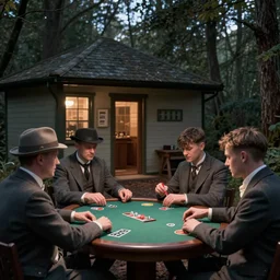 Peaky Blinders gang, criminals, playing poker outside a small shack in the woods, evening, oil painting by Greg Rutkowski