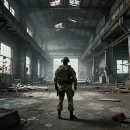 A soldier standing in an abandoned industrial factory, long shot from back, high quality digital art, trending on ArtStation