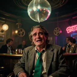 the wide shot of crying old unkempt drunkard ( ( ( ( ( ( joaquin phoenix ) ) ) ) ) ) with sideburns worn in old grey jacket with emerald tie in steampunk bar, disco elysium movie with cinematography of christopher doyle, neon light reflectied from discoball, anamorphic, optical flares, award - winning photo, kodak film, masterpiece, 8 k