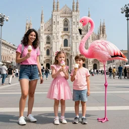 pink flamingo eating gelato in milano, funny family photo