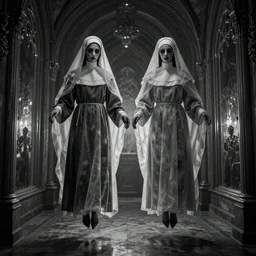nightmare vision, black and white, award winning photo, levitating twin nuns, wearing translucent sheet, Mary in a sanctuary, mirror hallways, eerie, frightening —width 1024 —height 1024