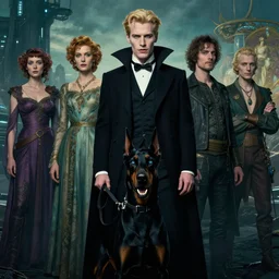 realistic detailed portrait movie shot of an elegant blond male vampire with a barking doberman on a leash, sci fi landscape background by denis villeneuve, amano, yves tanguy, alphonse mucha, max ernst, roger dean, masterpiece, rich cold moody colours, dog teeth, blue eyes