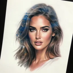 tattoo design sketch with double exposure effect, megan fox face faded against beautiful mountain scenery, in the style of matteo pasqualin, amazing detail, mash up