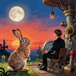 rabbit watching sunrise, moon, 1 9 5 0 s scifi, meninblack, steampunk, walter sickert, earl norem, hyper realistic, artstation, illustration, digital paint, matte paint, vivid colors, detailed and intricate environment