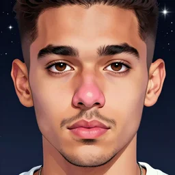 very detailed portrait of a skater yogi american man in his mid twenties, boyish style, oval shaped face, designer stubble!!!!!!!!!!!!!!!!!!, ( ( deep hazel eyes ) ), strong round!!! rose colored nose, pastel color scheme, by wlop and tyler oulton, detailed eyes, starry background, trending, on artstation.