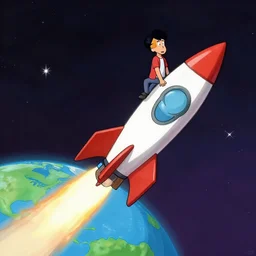 man sitting on top of rocket flying off from earth, comic style