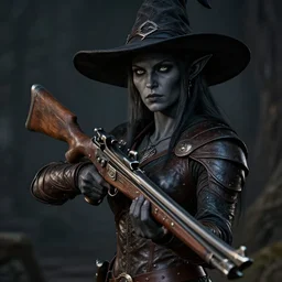 a female drow elf, dark grey skin, serious face, holding a detailed and realistic hand crossbow, wearing a witch hat, hunter, slick leather armor, medieval, style by donato giancola, wayne reynolds, jeff easley dramatic light, high detail, cinematic lighting, artstation, dungeons and dragons