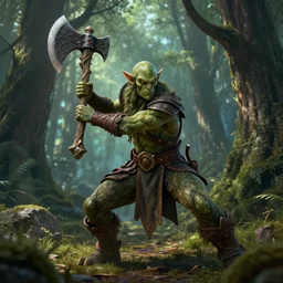 Tree Druid, in the forest, wielding a tree axe, battle pose, dungeons and dragons, masterpiece, 4k, digital art, unreal engine, high quality render, trending on artstation