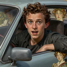 Tom Holland in a car, sweat drops, insane, intricate, highly detailed, digital painting, artstation, concept art, smooth, sharp focus, illustration, Unreal Engine 5, 8K, art by artgerm and greg rutkowski and alphonse mucha