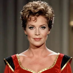 Head Shot of Sharon Stone as Princess Aura in Flash Gordon 1980, Red Gold and Black outfit, film still