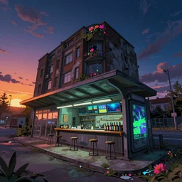 a beautiful very detailed illustration of architecture urbex bus station by denis sarazhin, anime fisheye at dusk thermal imaging sunset hyperrealism nightsky flowers alien nightvision scumm bar, archdaily, wallpaper, highly detailed, trending on artstation.