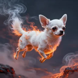 white chihuahua made of smoke, lava and fire flying in the sky ; chihuahua flying in the sky ; chihuahua flying in the sky ; dmt entity ; lsd art, trending on artstation, style greg rutkowski