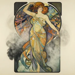 ( ( dither ) ), portrait a woman like reol, modern art deco illustration, dynamic pose, colorful, moody, yoh yoshinari, alphonse mucha, detailed, dynamic composition, wide angle, matte print, volumetric, fog, dramatic lighting, halftone texture, risograph