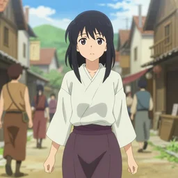 anime visual, portrait of a young female walking through a busy medieval village, face by yoh yoshinari, murata range, last exile, blue submarine no 6, dynamic pose, matte print, dynamic perspective, detailed silhouette, cel shaded anime